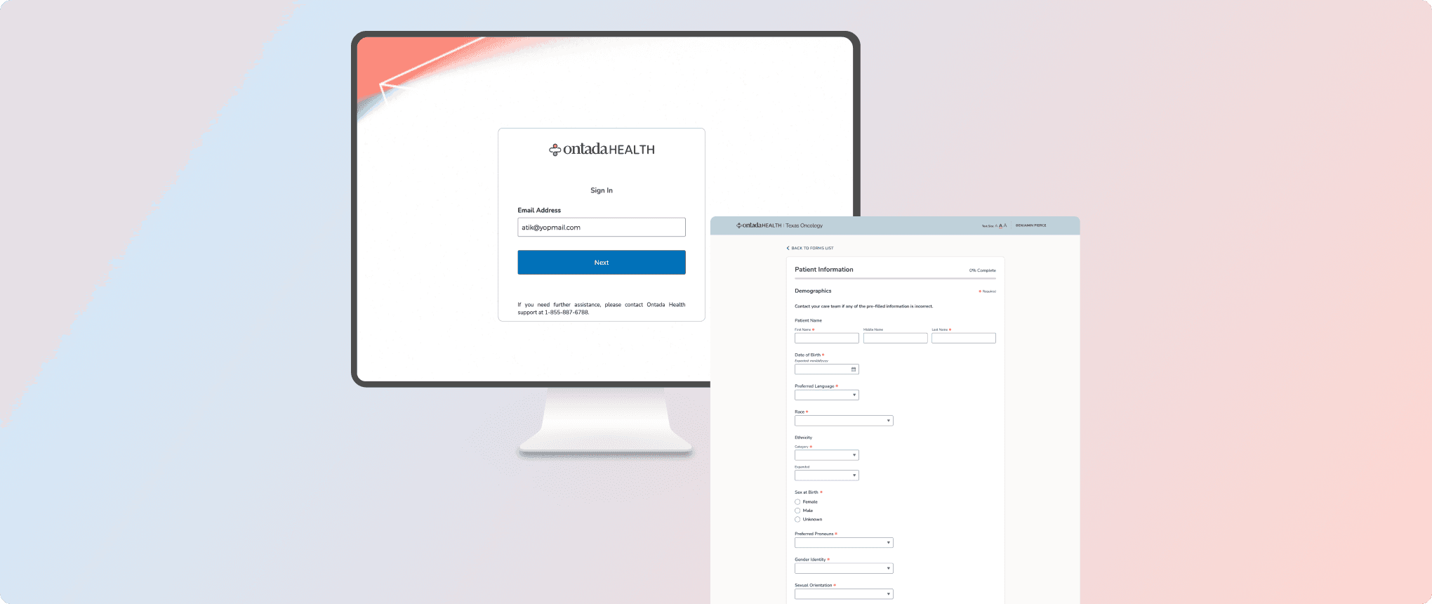 Ontada Health patient intake — redesigned oncology registration form across desktop and tablet